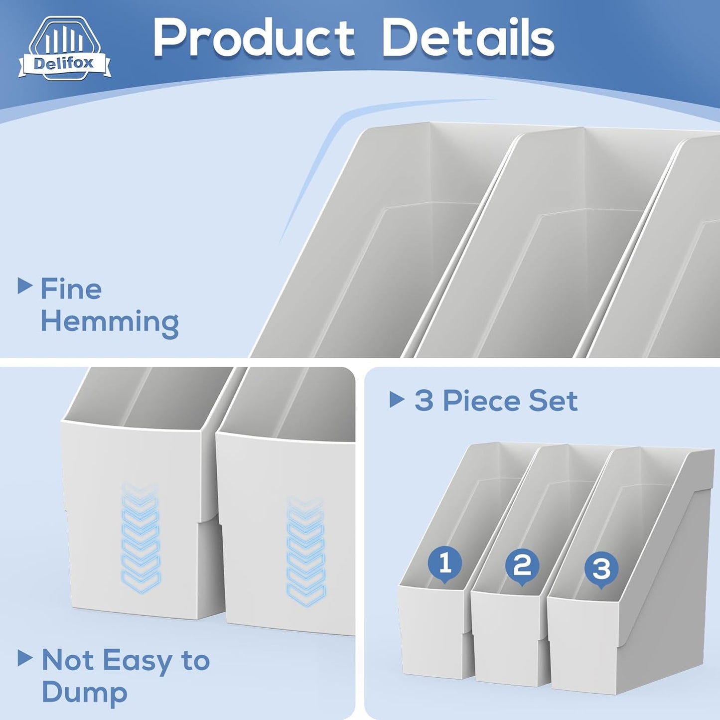 Delifox 3 Pack Magazine Rack, Plastic File Folder Bin Desk Organizer, White