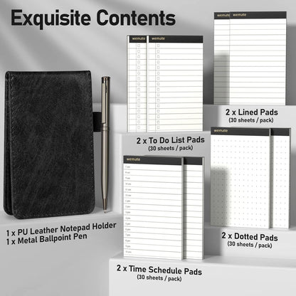 WEMATE 10 Pieces Small Notepad Holder Set Pocket Notebook - Included Mini Pocket Notepad Holder Set with 8 Memo Book Refills and Metal Pen for Meetings, Daily Records, and Notes 3 x 5 Inch (Black)