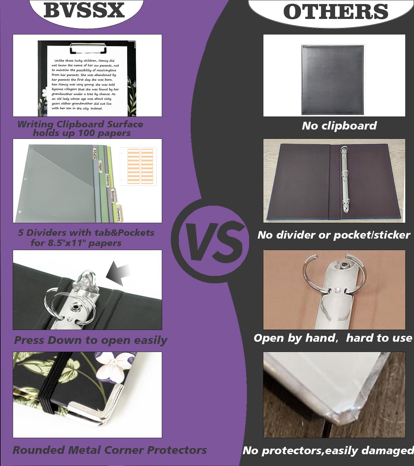 3 Ring Binder 1 Inch, Three Ring Binders Organizer with Clipboard, 5-Tabs Pockets Dividers, Plastic Folder, 18 Divider Stikers, BVSSX Pretty Binder with Pen Loop (Black Weeds, Letter Size)