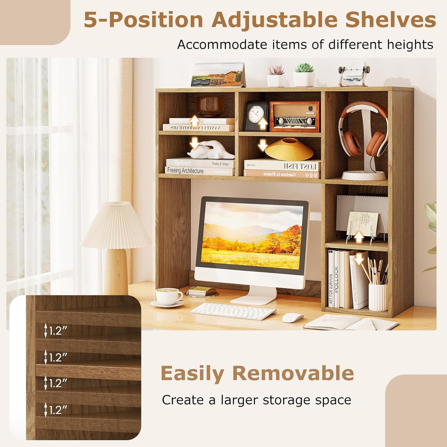 Tangkula Desktop Bookshelf, Countertop Storage Hutch with 5 Shelves for Computer Desk, Desk 3-Tier Display Rack, Multipurpose Wood Desktop Hutch Storage Organizer for Dorm Office Home