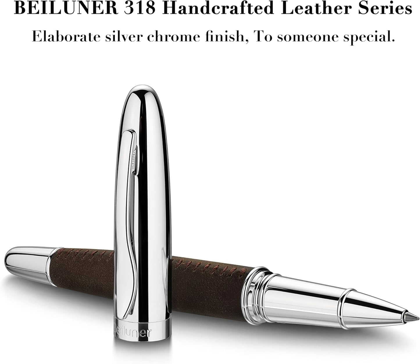 BEILUNER 318 Luxury Leather Pen, Hand-Stitched Premium Leather, Chrome-Plated Finish, Schmidt Ink Refill, Best Rollerball Pen Gift for Men & Women, Refillable, Executive Writing, Nice Pens