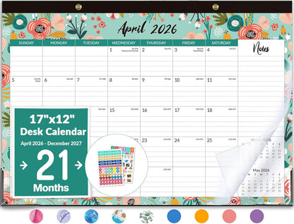 Forvencer Desk Calendar 2026-2027, 21 Months Calendar Runs from April 2026 to December 2027, 17" x 12" Large 2026 Wall Calendar Monthly Planner with Plastic Cover for Home School Office