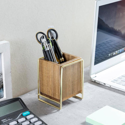 MyGift Premium Acacia Solid Wood Pen Pencil Cup with Textured Fluted Design, Desktop Wooden Office Supply Organizer Holder