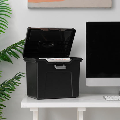 IRIS USA File Box with Lid File Organizer for Letter File w/Organizer-Lid, Plastic Mobile Filing Organizer, Water Resistant Document Box, Portable File Box with Handle, Secure Buckle, Lockable, Black