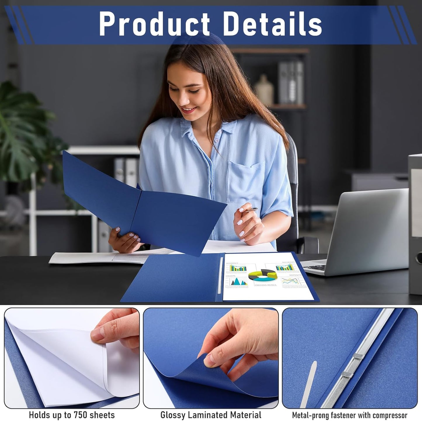 Resurhang 15 Pack 8. 5 x 11 Blue Pressboard Report Covers, Letter Size Paper Folders with Metal Prong Fastener, 3'' Capacity Glossy File Documents Presentation Binder Portfolios Holders
