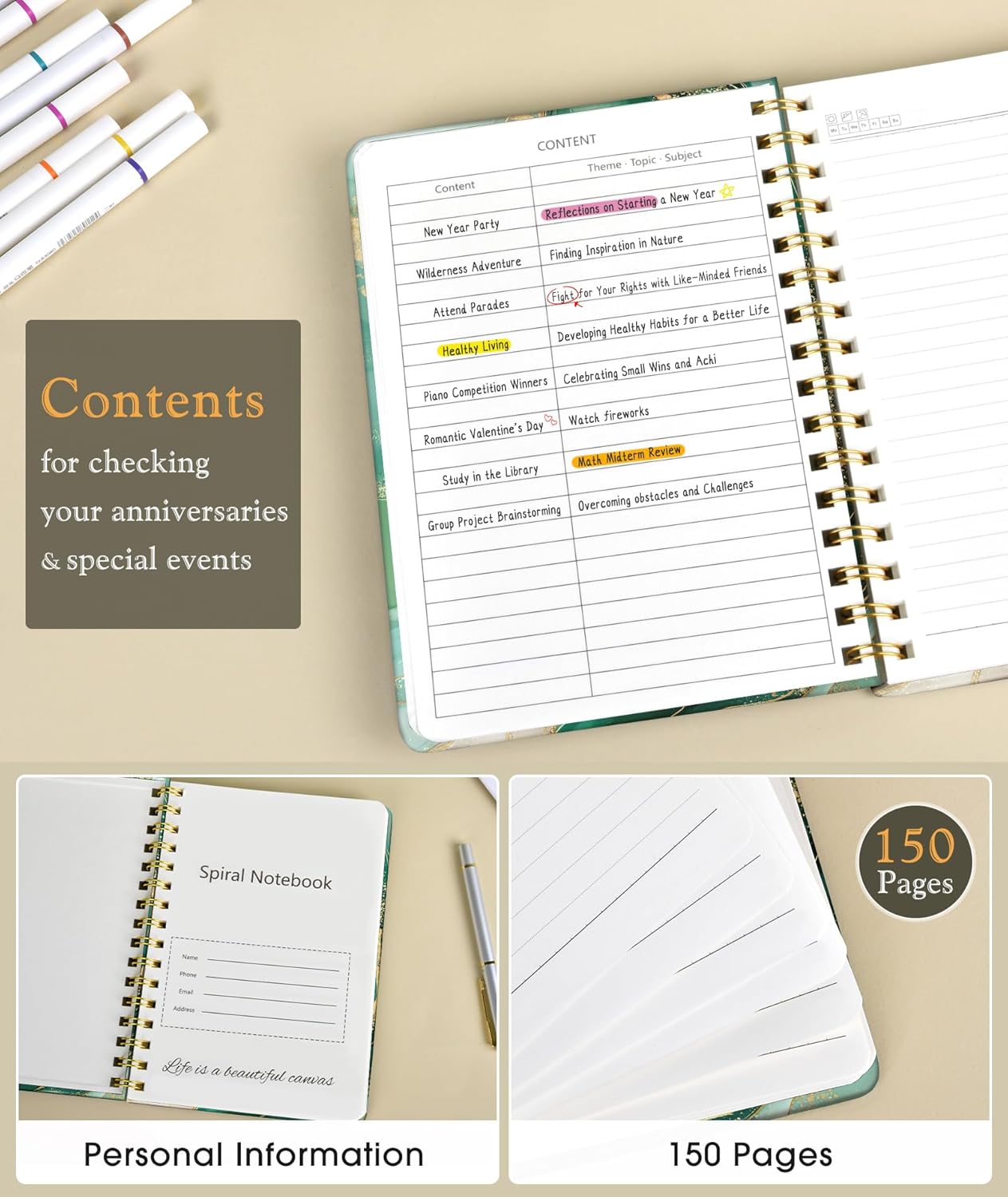 Lined Spiral Journal Notebook, A5 Hardcover Spiral Journals for Women Men, 150 Numbered Pages Spiral Bound Notebook, 100 GSM College Ruled Notebooks for Work, Note Taking 5.75" x 8.38", Olive Green