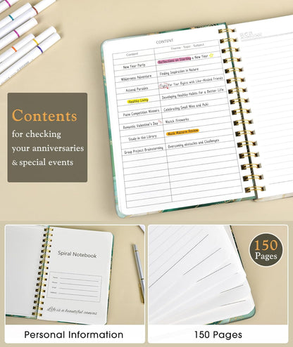 Lined Spiral Journal Notebook, A5 Hardcover Spiral Journals for Women Men, 150 Numbered Pages Spiral Bound Notebook, 100 GSM College Ruled Notebooks for Work, Note Taking 5.75" x 8.38", Olive Green