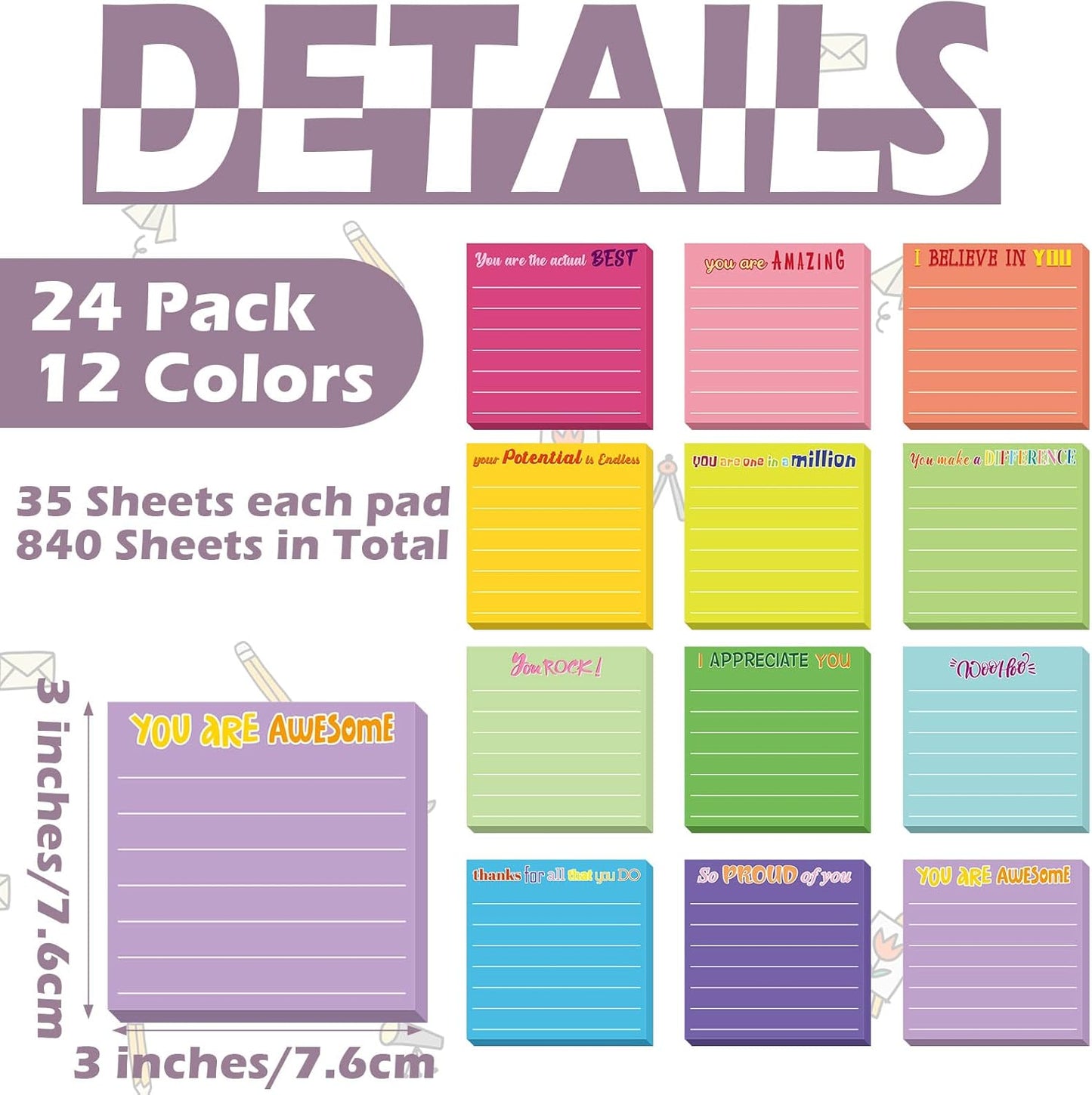 Yinder 48 Pcs Inspirational Sticky Notes Cute Motivational Sticky Notes Pad End of Year Employee Appreciation Gifts Bulk for Teacher Nurse Coworkers Office Supplies 3 x 3'' (Thank You,Dark Color)