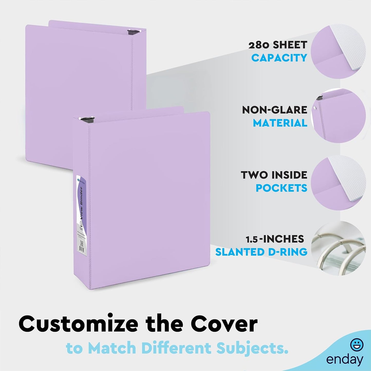 Enday 1.5 Inch Binder, Green - 1.5 Inch 3 Ring Binder, Round Ring Pastel with Clear View Cover for Letter Size 8.5 x 11'' Paper & 2 Inside Pockets, Ideal for School Supplies, Office, and Home