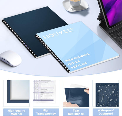 HOUYEE 120 Pack Binding Covers and Backs Set, 8.5x11 Inches, Including 60 Pcs 10 Mil Clear Binding Covers, 60 Pcs 12 Mil Black Plastic Sand Texture Polycovers, Letter Size