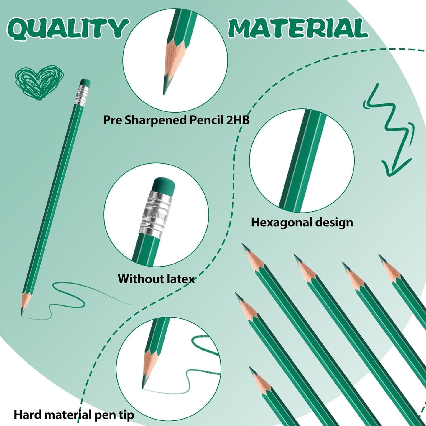 12 PCS Green Pencils with Eraser, Pre-Sharpened HB Pencils for Writing & Drawing, School Supplies for Kids Homework, Tests, Art Crafts & Teacher Grading (Green)