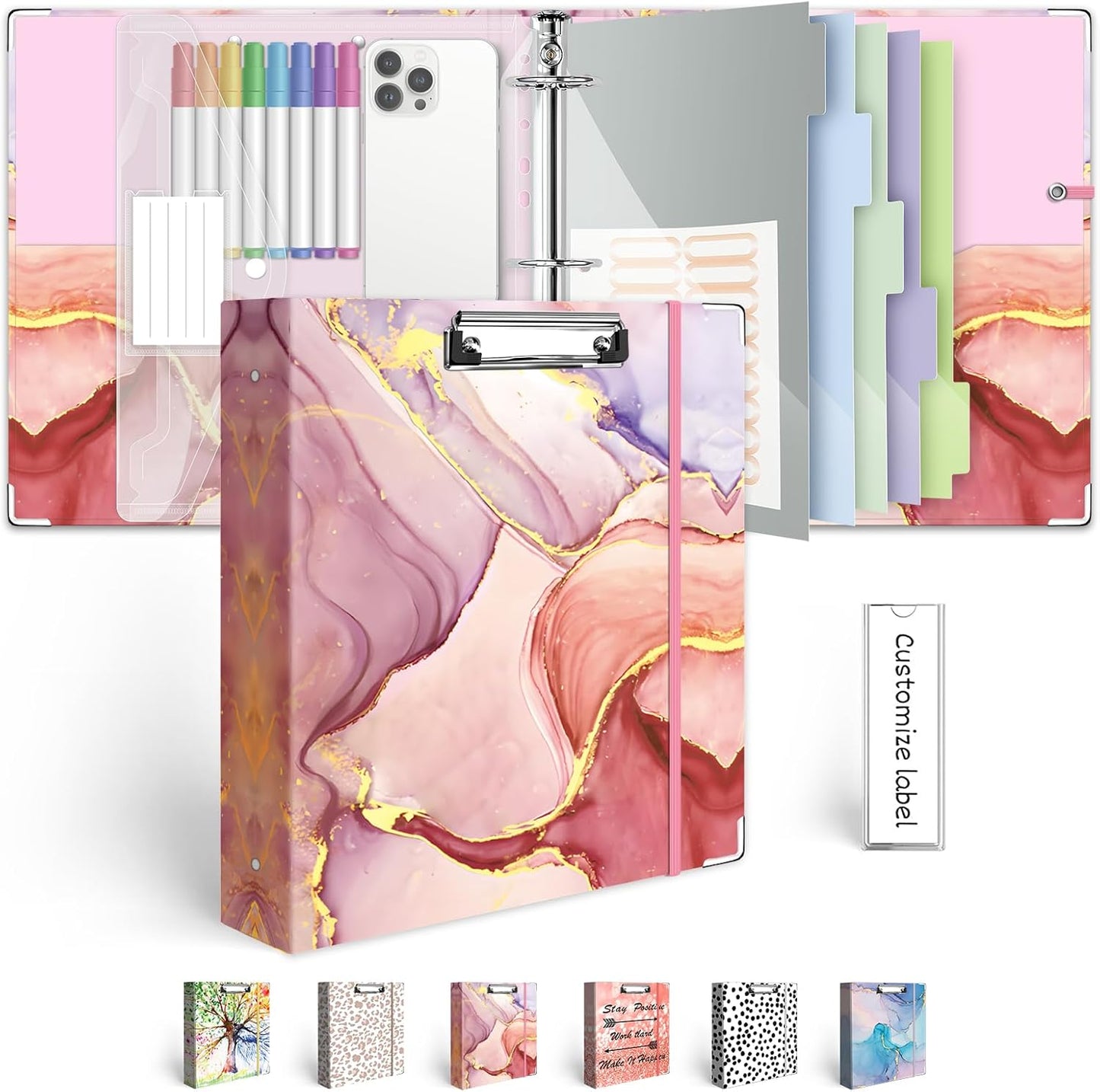 3 Ring Binder 1 Inch, Three Ring Binders Organizer with Clipboard, 5-Tabs Pockets Dividers, Plastic Folder, 18 Divider Stikers, BVSSX Pretty Binder with Pen Loop (Black Weeds, Letter Size)