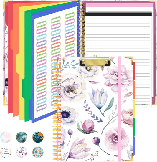 Kisdo Cute Spiral Clipboard Folio with 2 Refillable Lined Notepad for Letter Size(11.5”x8.5”), 5-Tab Colorful Dividers with 10 Pockets, 42 File Folder Labels for Work, Office, School (White Flower)