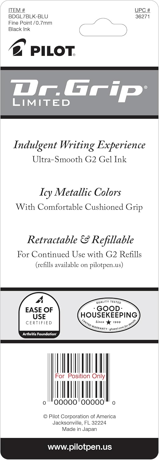 PILOT Dr. Grip Limited Refillable & Retractable Gel Pen, Fine Point, Black, Single Pen - Ideal for School, Journaling & Office Writing