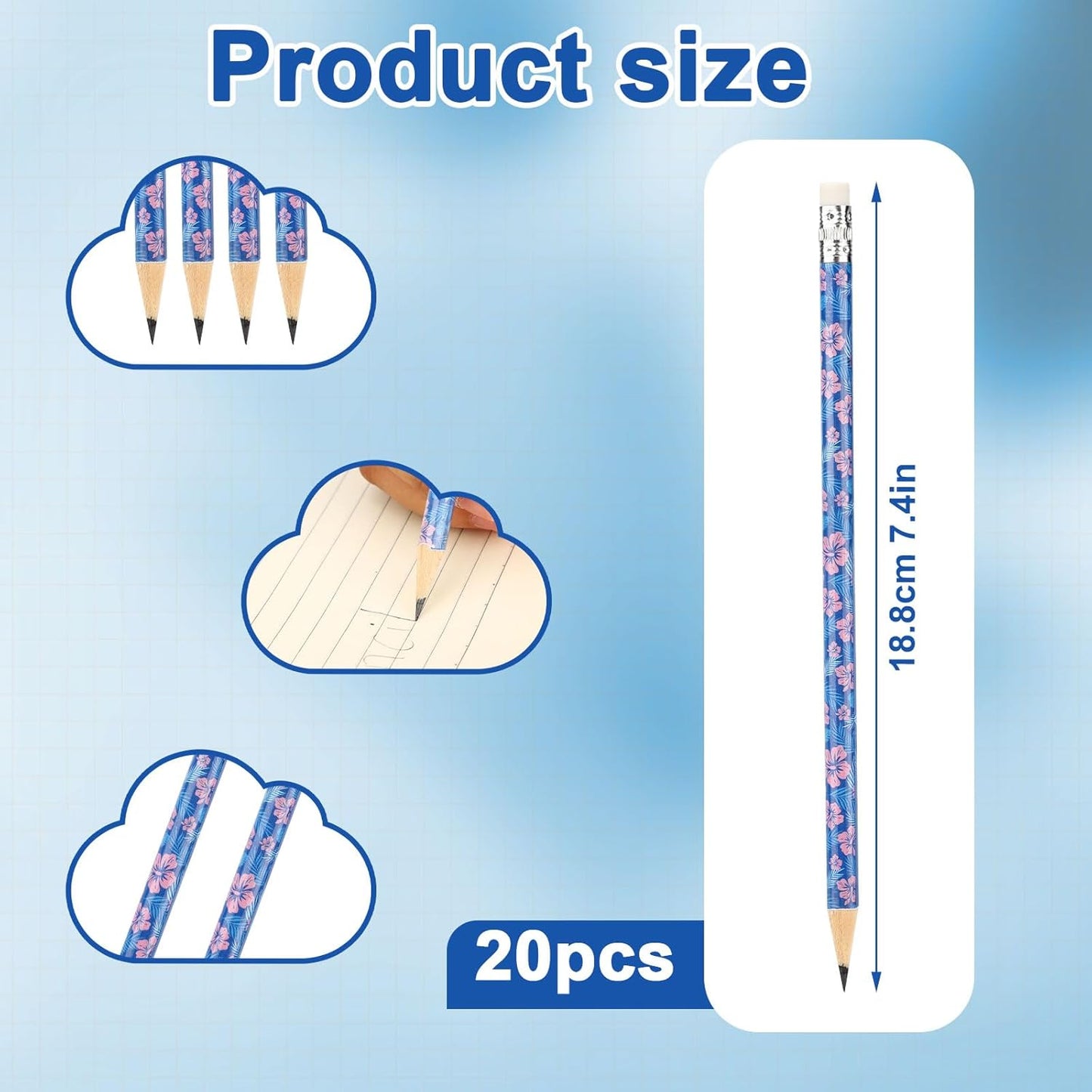20pcs Cartoon Blue Pencils with Floral & Leaf Prints, Hawaiian Themed Wooden Pencils with Eraser Hawaii Themed Party Supplies for Classroom School Office
