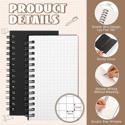 Jutom 6 Pcs Small Graph Paper Pads Notebook Mini Spiral Notebooks Grid Paper 3 x 5 Inch Pocket Notepads 120 Pages Mini Notepads for Office School Work Math Meeting (Black)