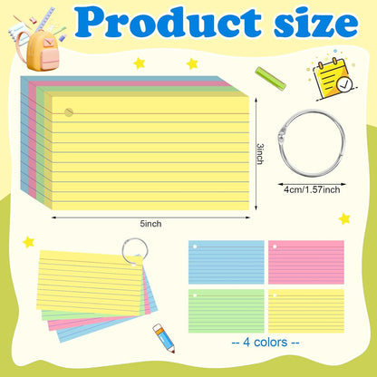 Colored Index Cards 3x5 Inch Heavyweight Flash Cards with Ring Lined Flashcards Note Cards for Studying School Supplies College, 200 Count
