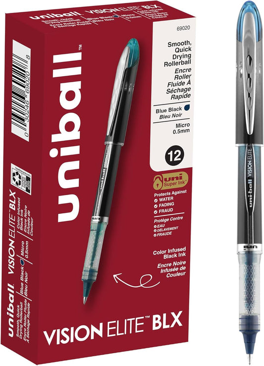 uniball Vision Elite BLX Rollerball Pens, Micro Point (0.5mm), Blue BLX Ink, 12 Pack
