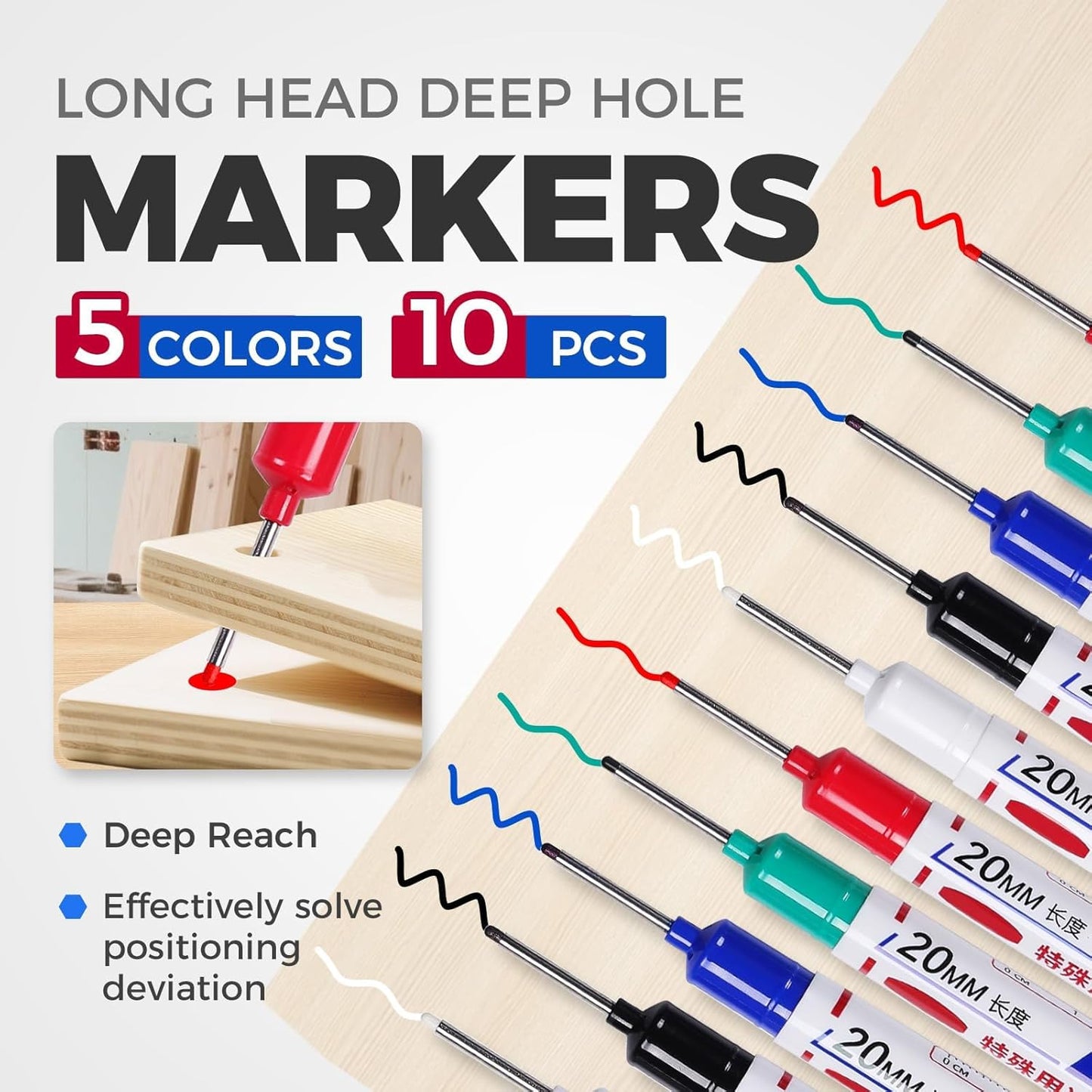 10 PCS Long Head Deep Hole Marker Pens, 20 MM Long Nib Marker for Metal, Multi-purpose Deep Reach Markers Quick Dry Waterproof Marking Pens Construction Markers with Long Nose