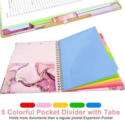 Clipboard Folio with Refillable Notepads, Marble Clipfolio with 5 Dividers with 10 Pockets, Spiral Clipboard Folder Design for School, Office, Work, Teacher, Students, Nurses (Pink, 9.4 x 12.8)