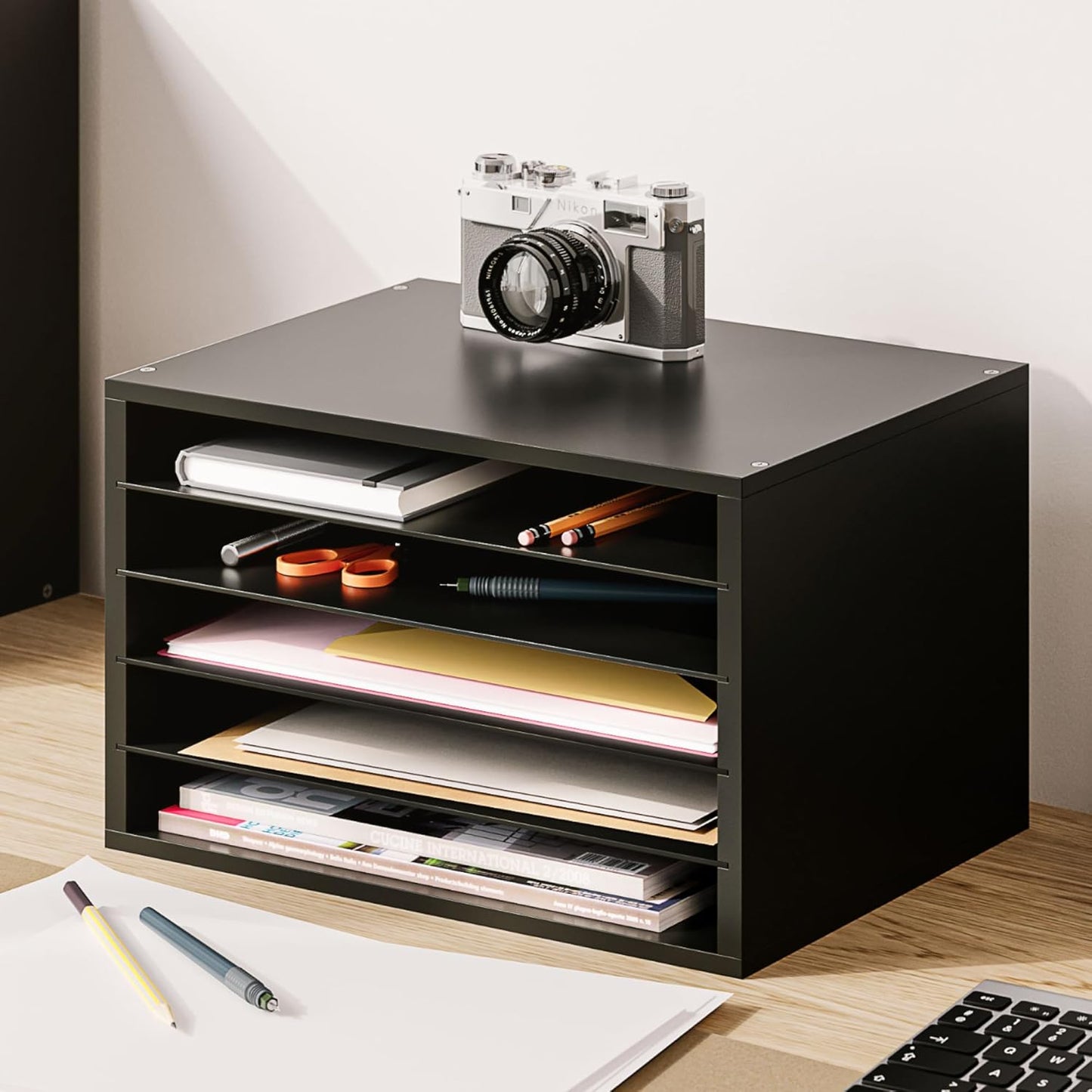 Ballucci 4-Tier Paper Organizer for Desk, Stackable Tray, Desk Storage Organizer Shelves, Stacking Letter Paper Tray Sorter for Classroom Office, Black