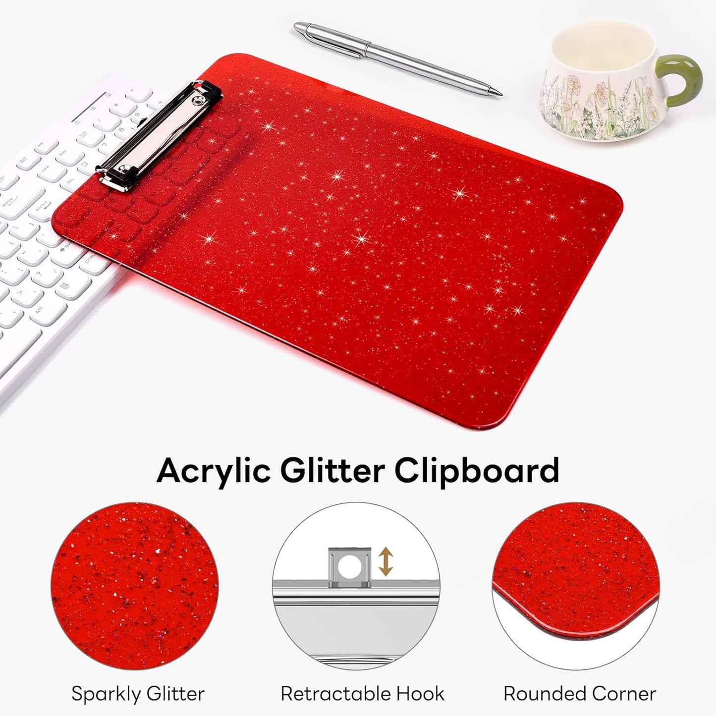 A4 Plastic Glitter Clipboard, Sparkly Pink 12.5 x 9 Letter Size for Classroom, Students, Teacher, Nurse, 8.5 x 11 Clip Board with Low Profile Clip, Office & School Supplies