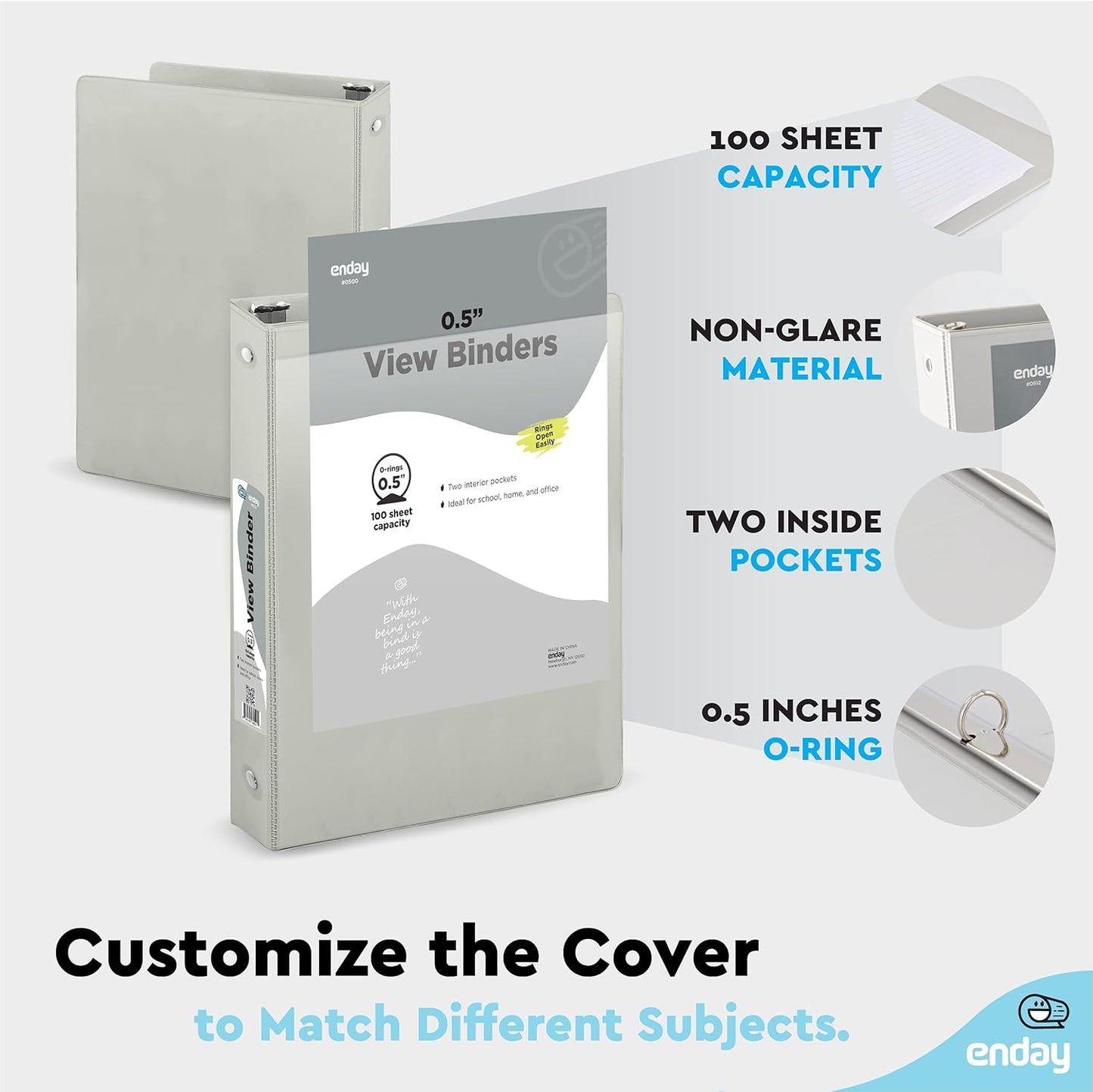 Enday 1 Inch Binder (6 Pack - Grey) 3 Ring Binder 1 inch with Clear View Cover and 2 Inside Pocket - for Letter Size 8.5 x 11'' Paper, Ideal for School Supplies, Office, and Home