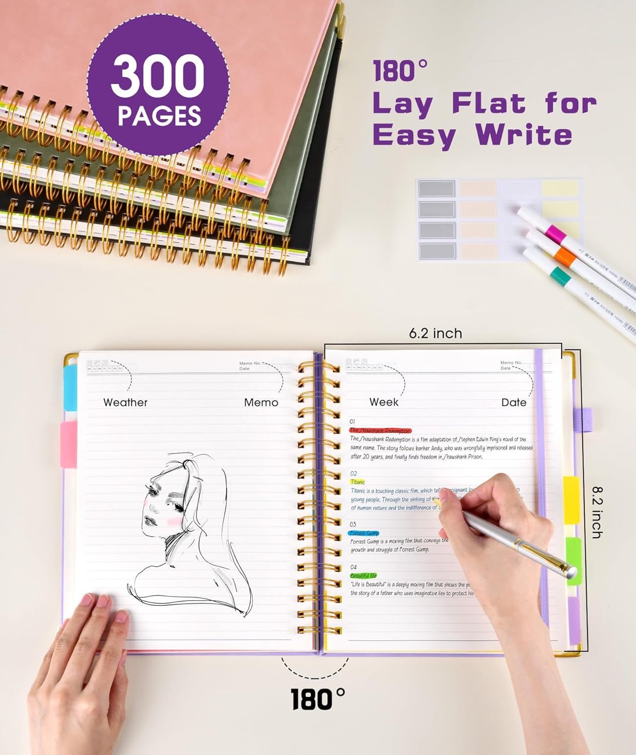 Hardcover Spiral Notebook Journal with Removable Dividers Tabs, 300 Pages Leather 5 Subject Notebook College Ruled, 8"x10" Large B5 Notebooks for Work School Note taking, Lined Journal for Women, Pink