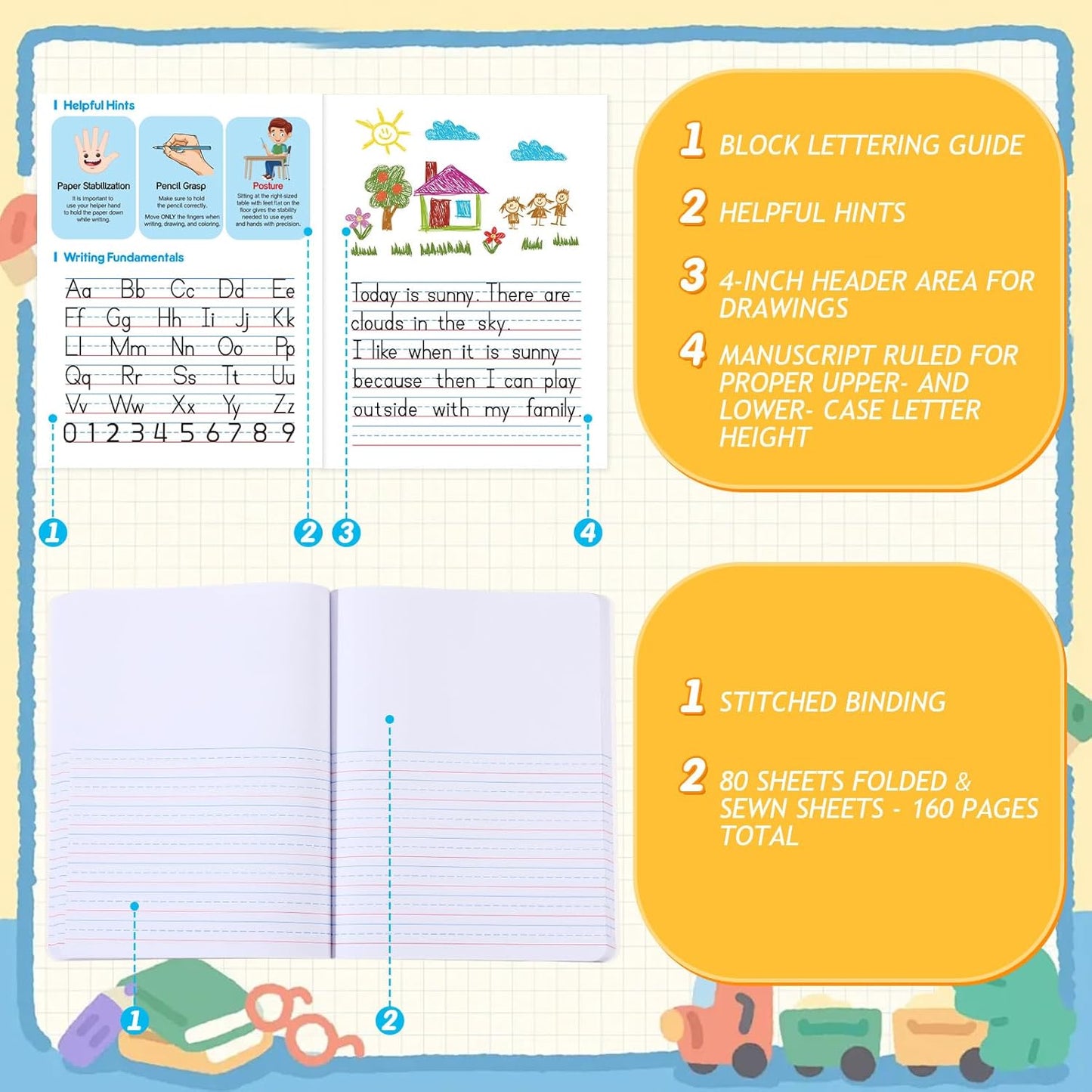 Fulmoon 24 Pcs Primary Composition Notebook K-2 with Picture Space Primary Journal Grades K-2 Draw and Write Journal Composition Book for Preschool Classroom, 80 Sheet (Blue)