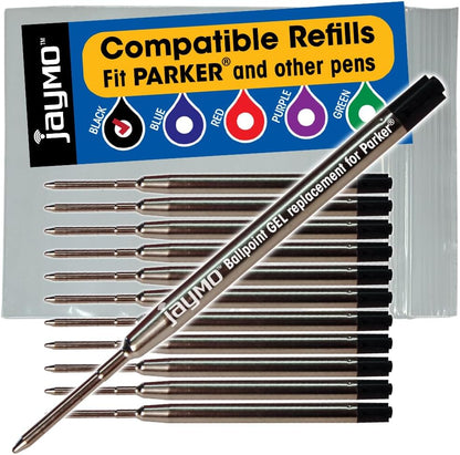 Jaymo Replacement for Parker 30525PP/30526PP and Bastion - Measures 3.875 in / 98 mm Long - G2 Gel Ballpoint Pen Refill - 2 Black + 2 Blue + Red + Purple