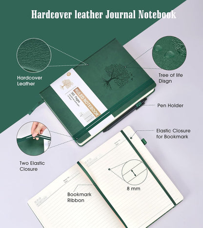 Lined Journal Notebook -365 Pages A5 Thick Journals for Writing Ruled Notebook, Hardcover Leather Journal for Women Men Daily Journal Notebook for Work, Note Taking, 100Gsm Lined Paper( 5.75'' X 8.38'' Green)