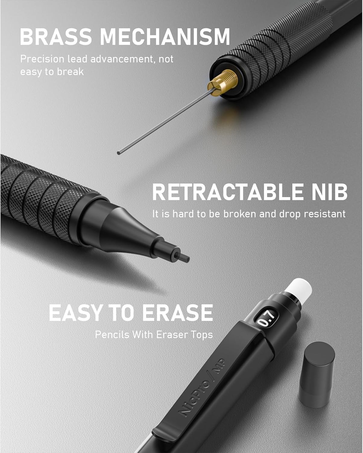 Nicpro 0.5 mm Mechanical Pencils Set with Case, 3 Metal Artist Pencil With 480PCS HB Lead Refills, 3 Erasers,9 Eraser Refills For Architect Art Writing Drafting, Drawing, Engineering, Sketching, Black