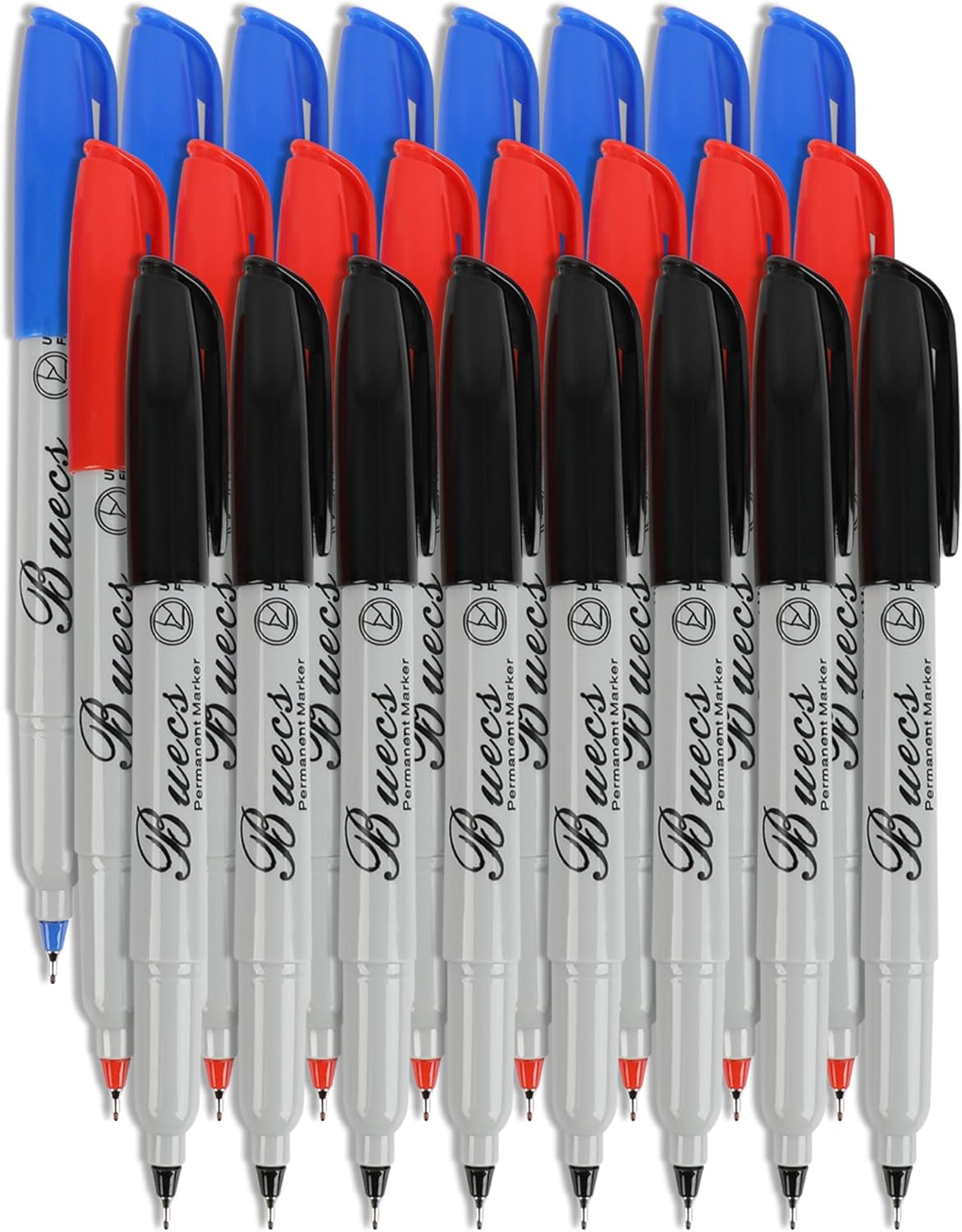 Buecs Permanent Markers, 24 Count Ultra Fine Point Permanent Markers, 3 colors, Works on paper, Plastic, Stone, Glass, Metal