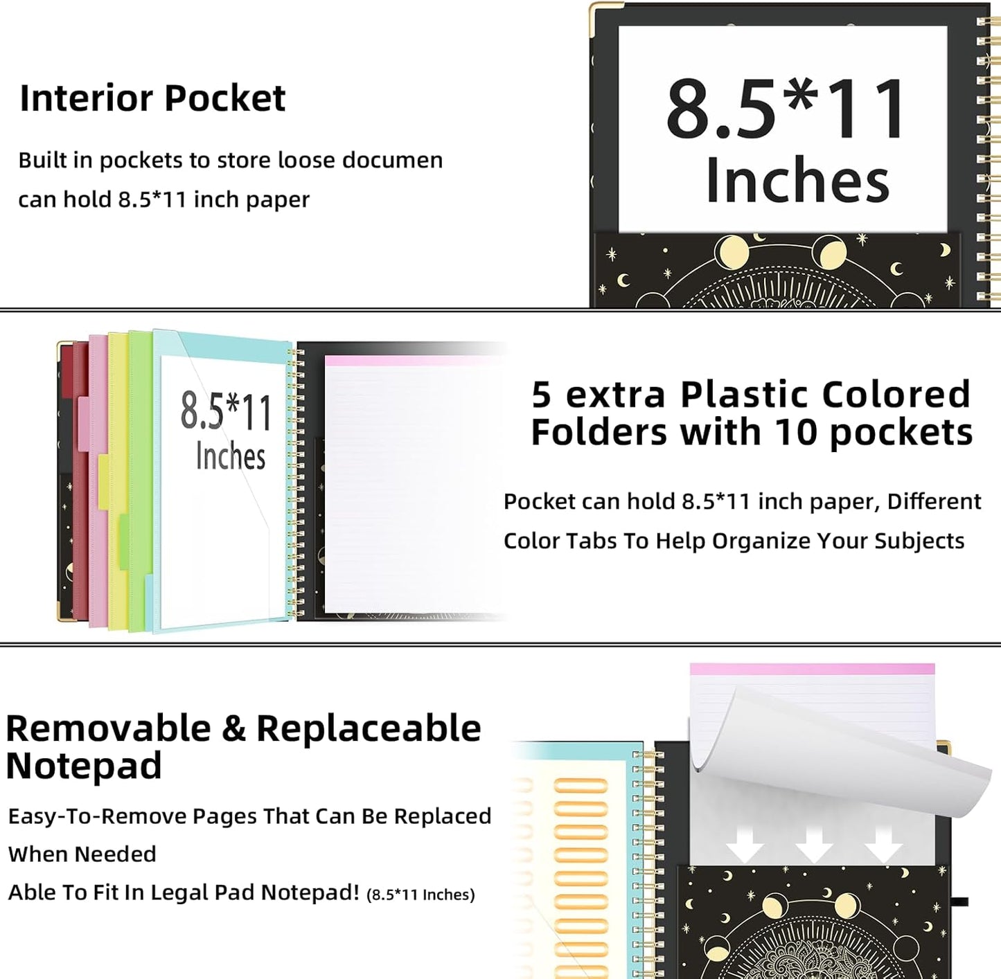 Ospelelf Clipboard with Storage 8.5 X 11，Padfolio Organizer, Spiral Portfolio Letter Size with Notepad, Pen Holder, 5 Extra Folder Divider Pages, Elastic Closure Nurse Office Essentials (Polka Dots)