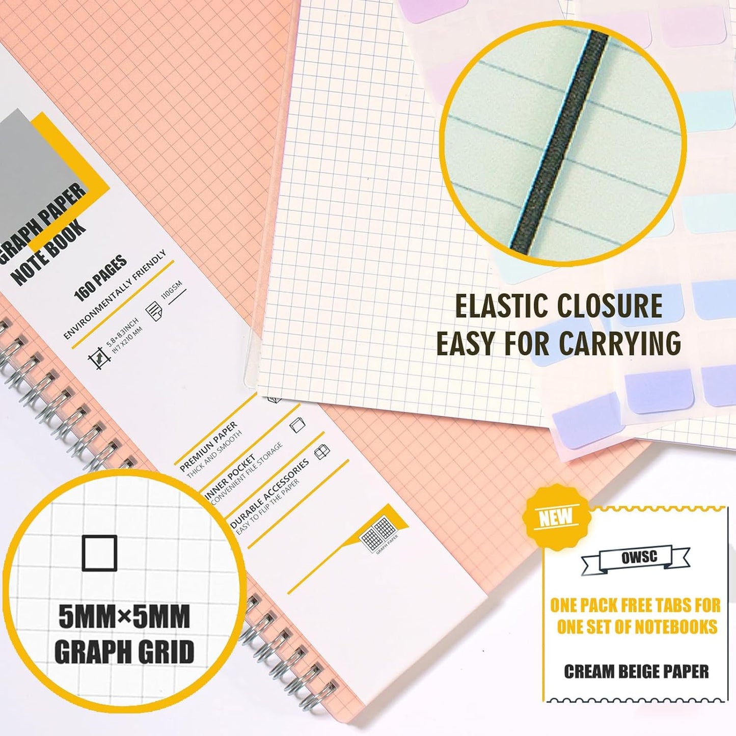 OWSC 4 Pack Lined Spiral Notebook, 5.9 x 8.3 Inches Notebooks for Work, School and Journal with 110 GSM Thick Paper, Small Notebook with 80 Sheets/160 Pages, Notebooks College Ruled for Note Taking