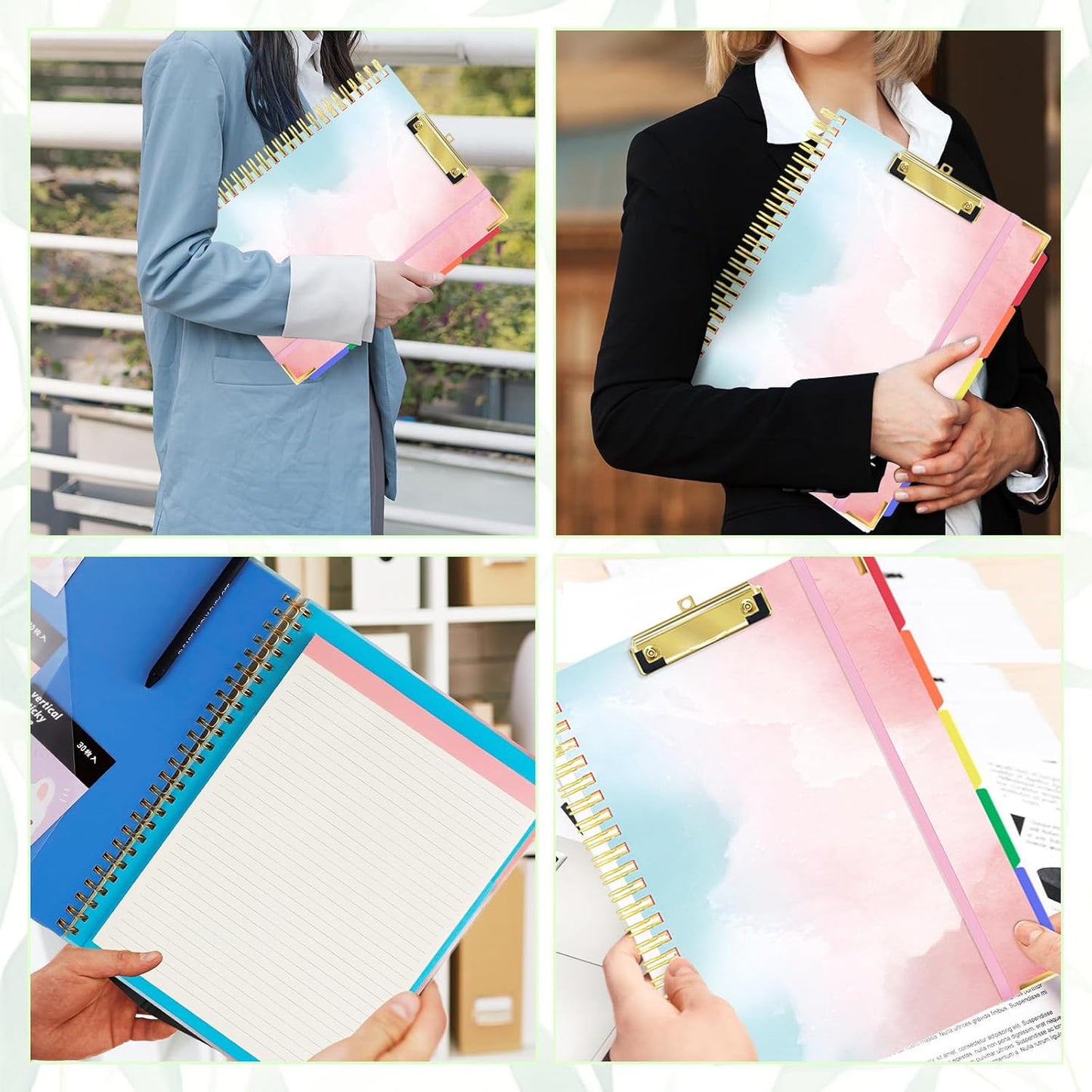 Clipboard Folio with Refillable Lined Notepad, FHDUSRYO 24x32.5cm Clipboard Folder with 5 Dividers 10 Pockets, Spiral Clipboards Folio with Storage, A4 Portfolio Binder for Office Nursing (Pink)