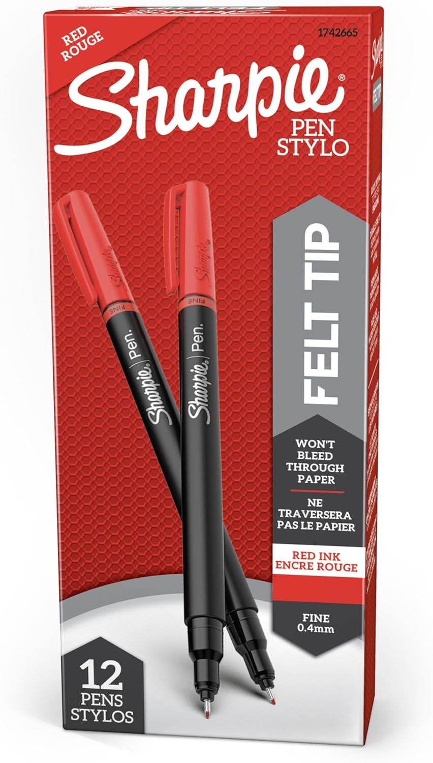 Sharpie Felt Tip Pens, Fine Point (0.4mm), Red, 12 Count