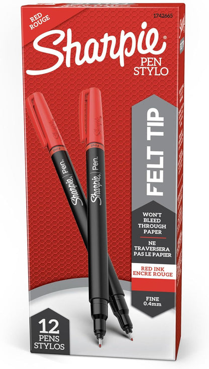 Sharpie Felt Tip Pens, Fine Point (0.4mm), Red, 12 Count