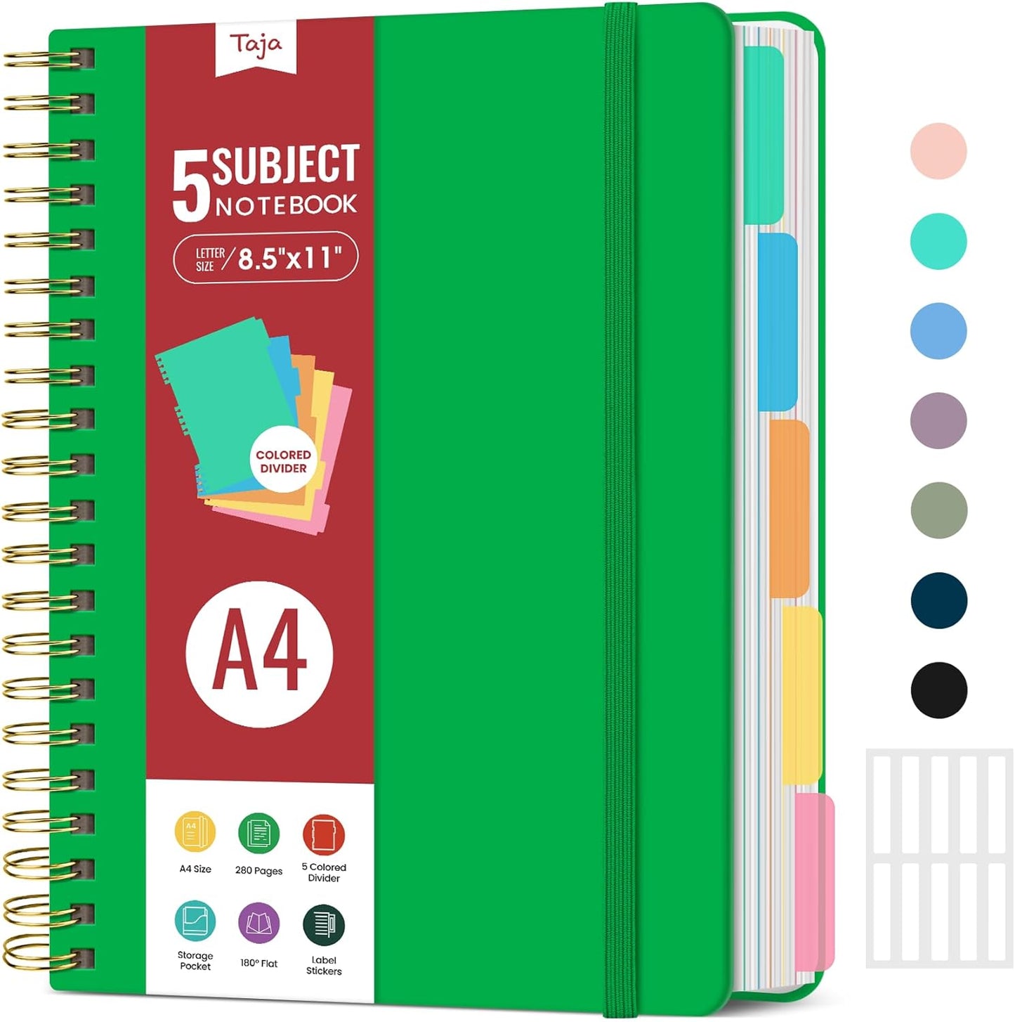 Hardcover Spiral Journal Notebooks for Work With Removable Dividers & Tabs, 8.5"x11" 5 Subject Notebook for Note Taking & Organizer, A4 College Ruled Lined Journal for Women & Writing, Aquamarine, 280 Pages