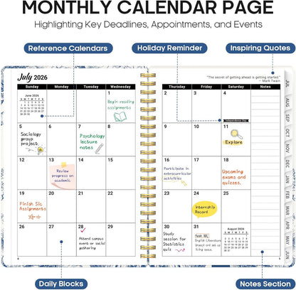 Planner 2026-2027, Academic Year Monthly and Weekly Calendar Planner, Jul 2026 - Jun 2027, Hardcover Teacher Student Planning Agenda book with Tabs, Perfect for School Office Supplies, 6.3" x 8.5" - Wildflowers