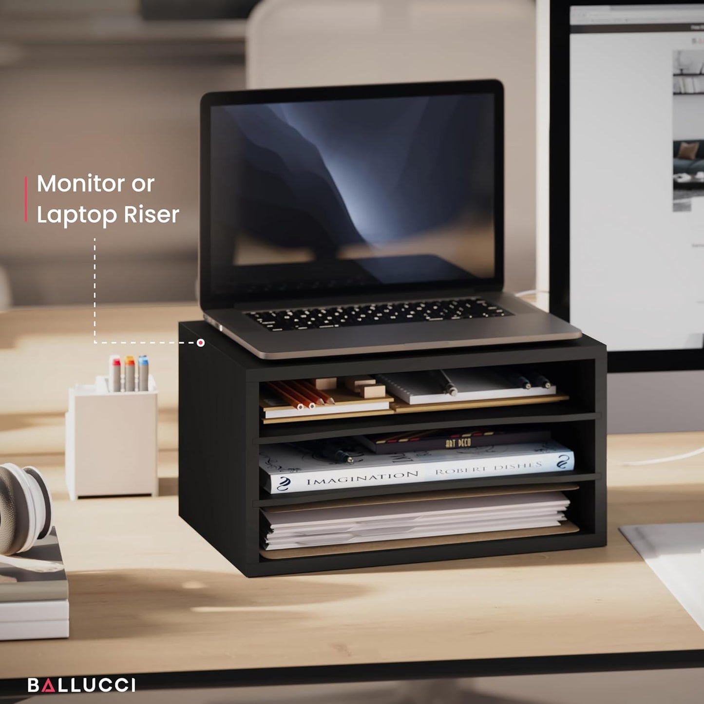 Ballucci 4-Tier Paper Organizer for Desk, Stackable Tray, Desk Storage Organizer Shelves, Stacking Letter Paper Tray Sorter for Classroom Office, Black