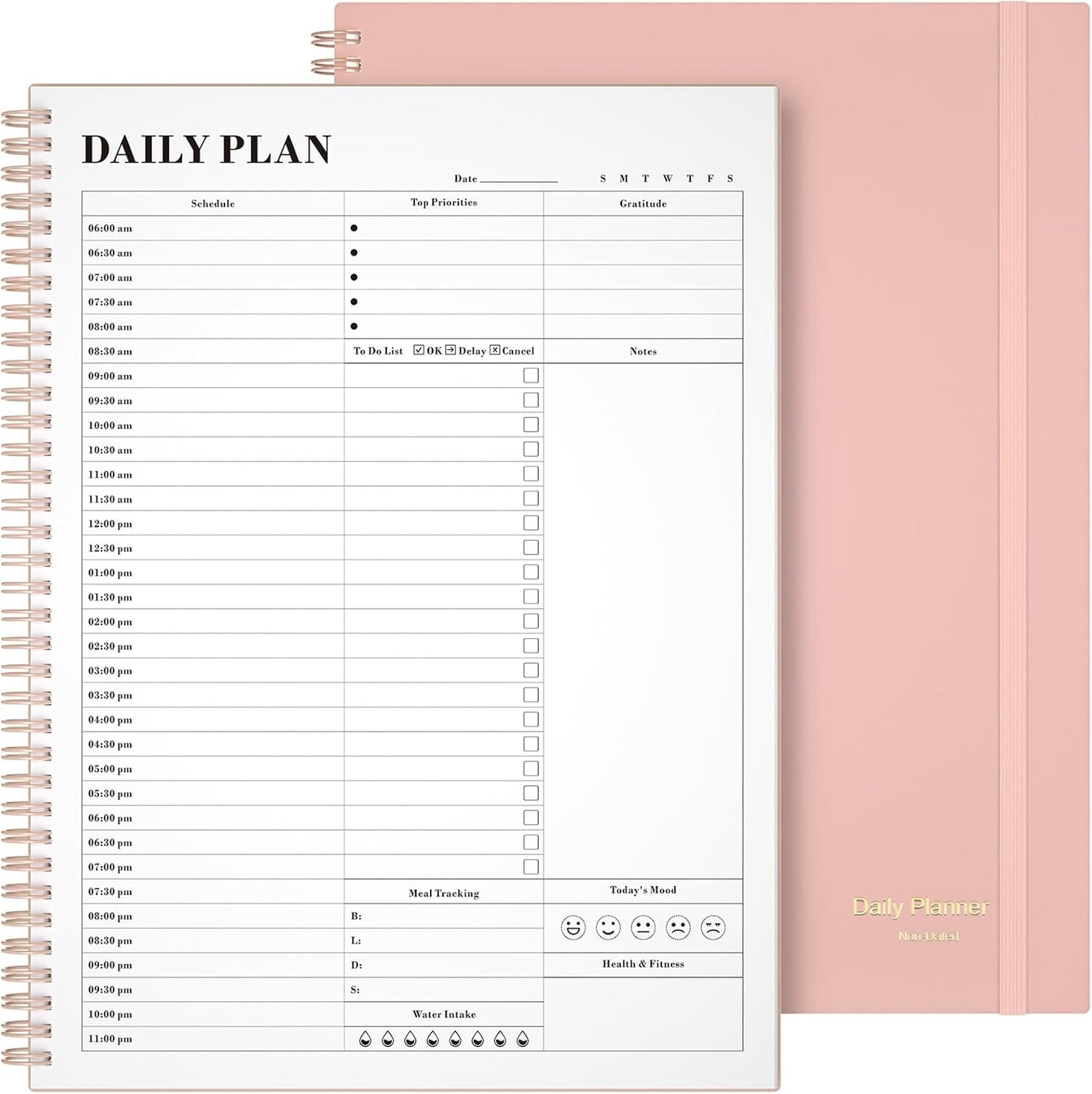 Daily Planner Undated, Asten To Do List Notebook Hourly Schedules Spiral Appointment Planner for Men and Women,PVC Hardcover,Elastic Closure, Inner Pocket 8.3" x 5.8" (Black)