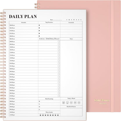 Daily Planner Undated, Asten To Do List Notebook Hourly Schedules Spiral Appointment Planner for Men and Women,PVC Hardcover,Elastic Closure, Inner Pocket 8.3" x 5.8" (Black)
