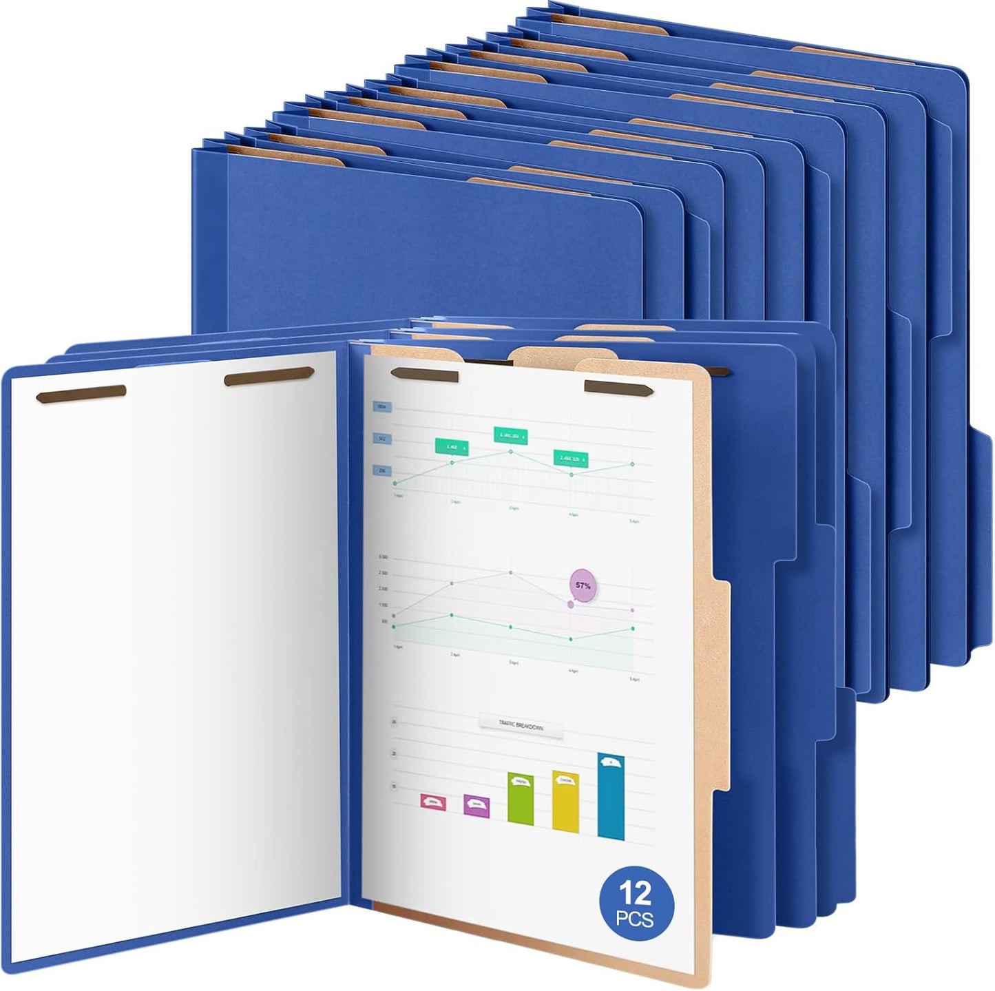 AmazingSpark 12 Packs Dark Blue Classification Folders Letter Size, 1 Divider, 1/3-cut Tab, File Folders with Fasteners, Prongs, Expanding File Organizer Bulk for Office Employee, Coworker, Staff