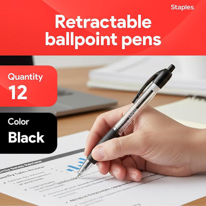 STAPLES Retractable Ballpoint Pens, Fine Point, Black Ink, 12 Pack – Smooth, Reliable Writing Pens for Office & School Use