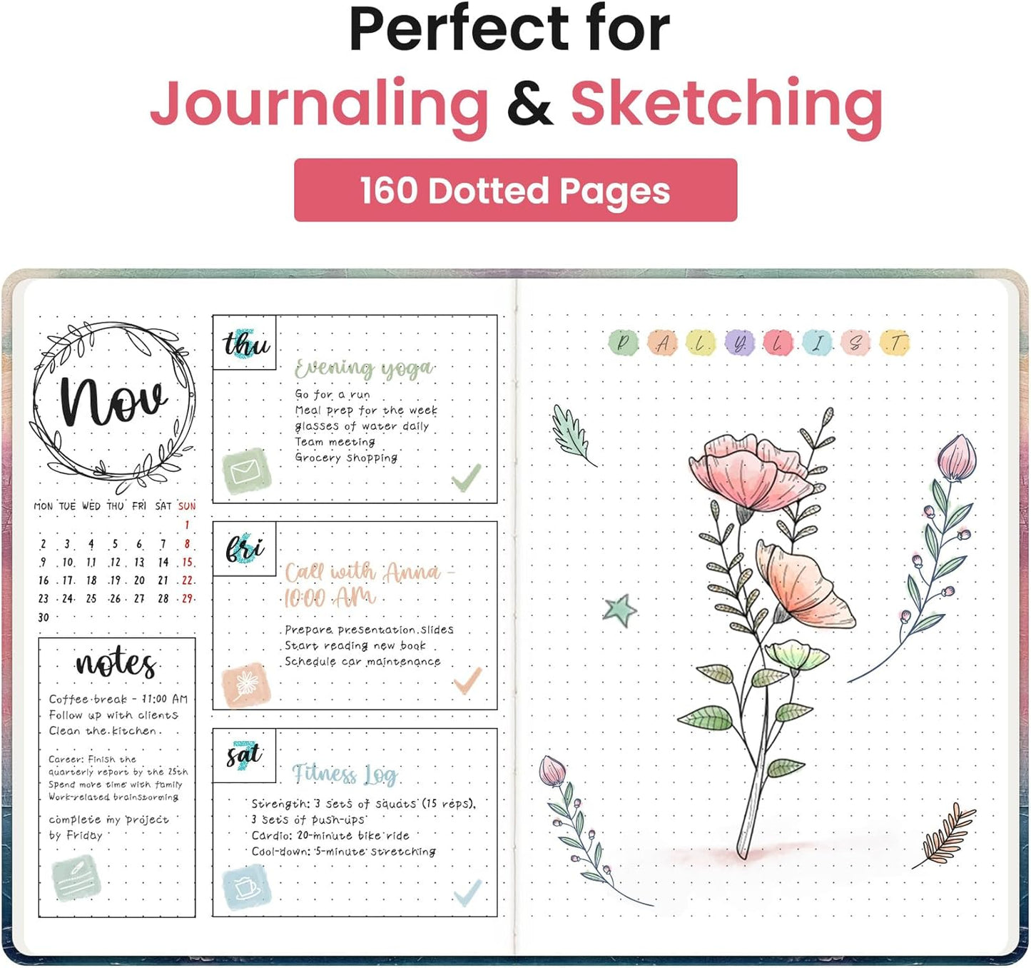 Taja Pretty Lined Journal for Women, Aesthetic Cute Hardcover Leather Journal for Writing, A5 College Ruled Notebook for Work & Note Taking, Perfect for Office School Home, 160 Pages, Meadow Flowers