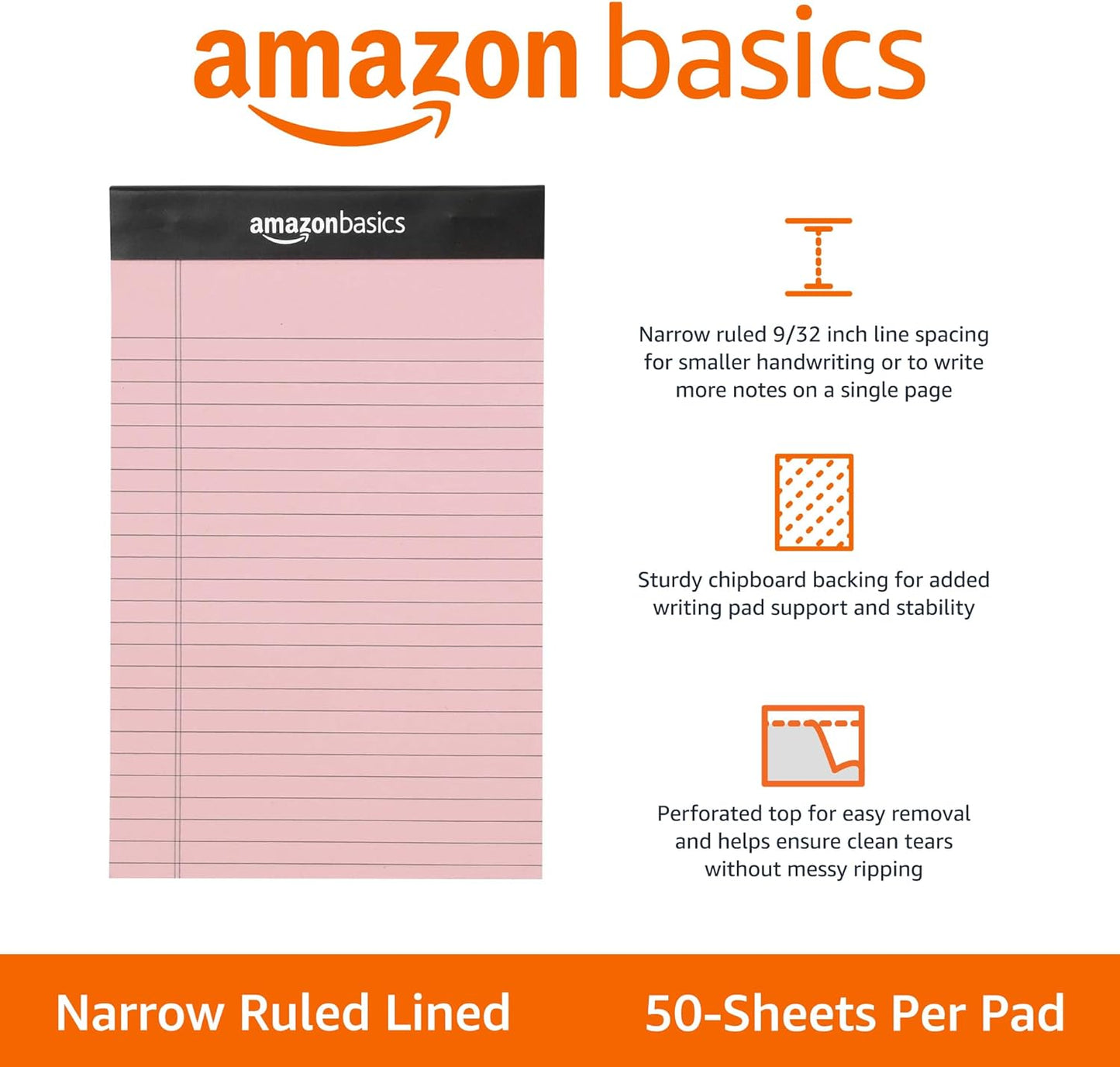 Amazon Basics Wide Ruled Lined Writing Note Pads with Sturdy Back, 8.5" x 11.75", Multicolor, 6-Pack, 300 Sheets, Perforated