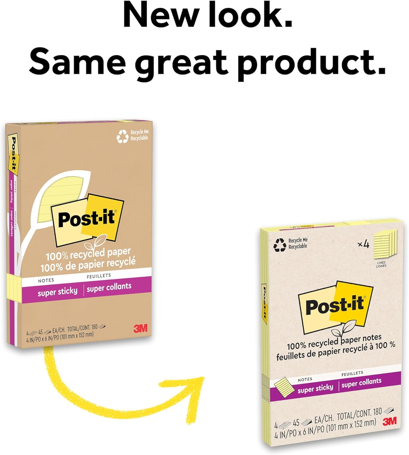 Post-it 100% Recycled Paper Super Sticky Notes, Lined, 4 in. x 6 in., 4 Pads, 45 Sheets per Pad, Wanderlust Pastels, School Supplies and Office Products