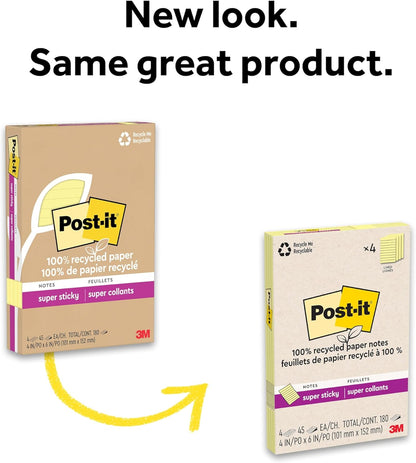 Post-it 100% Recycled Paper Super Sticky Notes, Lined, 4 in. x 6 in., 4 Pads, 45 Sheets per Pad, Wanderlust Pastels, School Supplies and Office Products