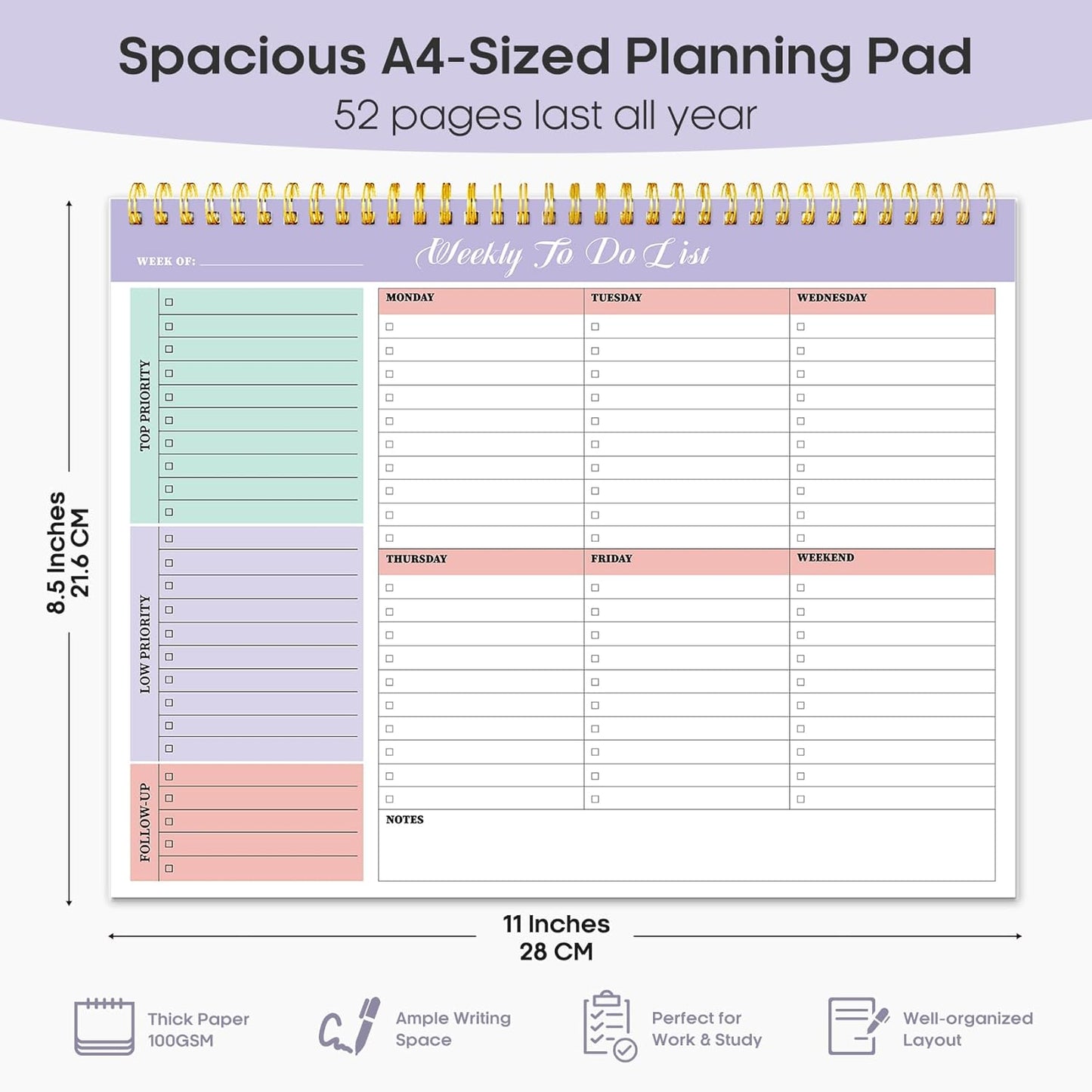 Taja Weekly To Do List Notepad with 52 Undated Sheets（8.5"×11"）- Weekly Desk Planner for Women & Man, Work and Home -1 Pack Violet Dream